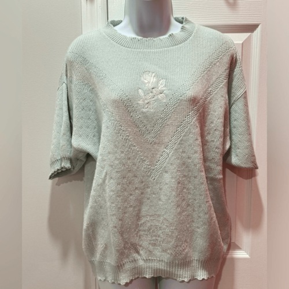 Isle of Cotton Knit Sweater Womens XL Mint Green Floral Embroidered Short Sleeve